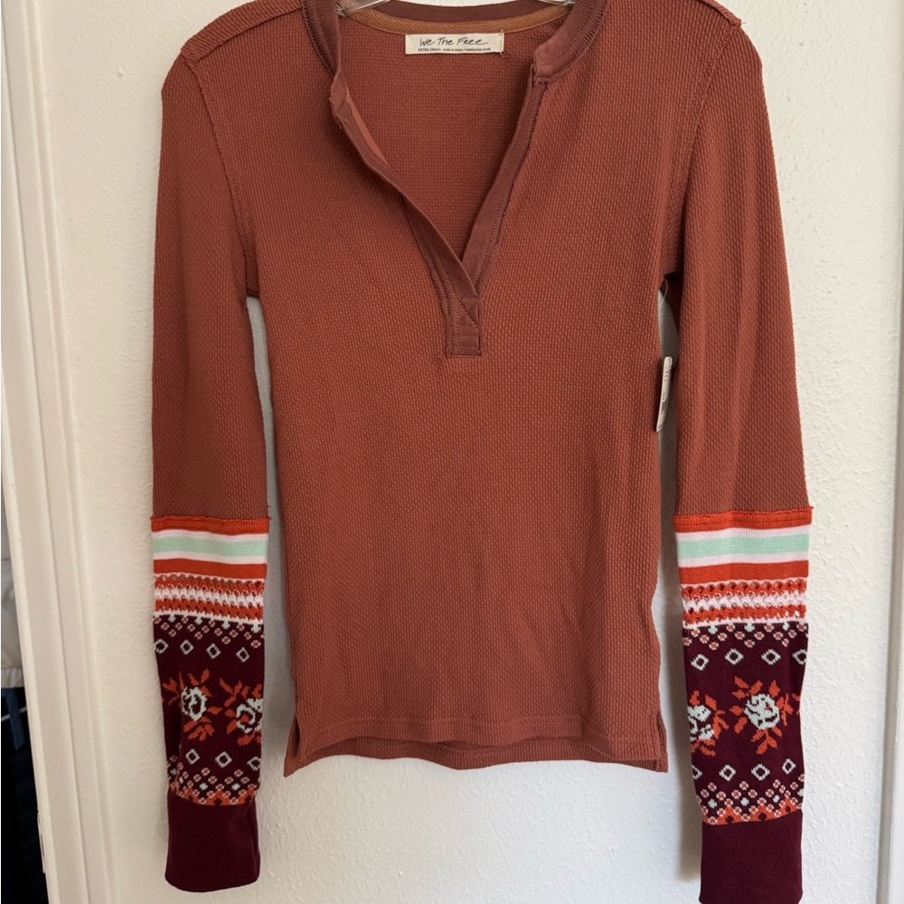 We the Free Women's Rust Long Sleeve Top with Patterned sweater Sleeves